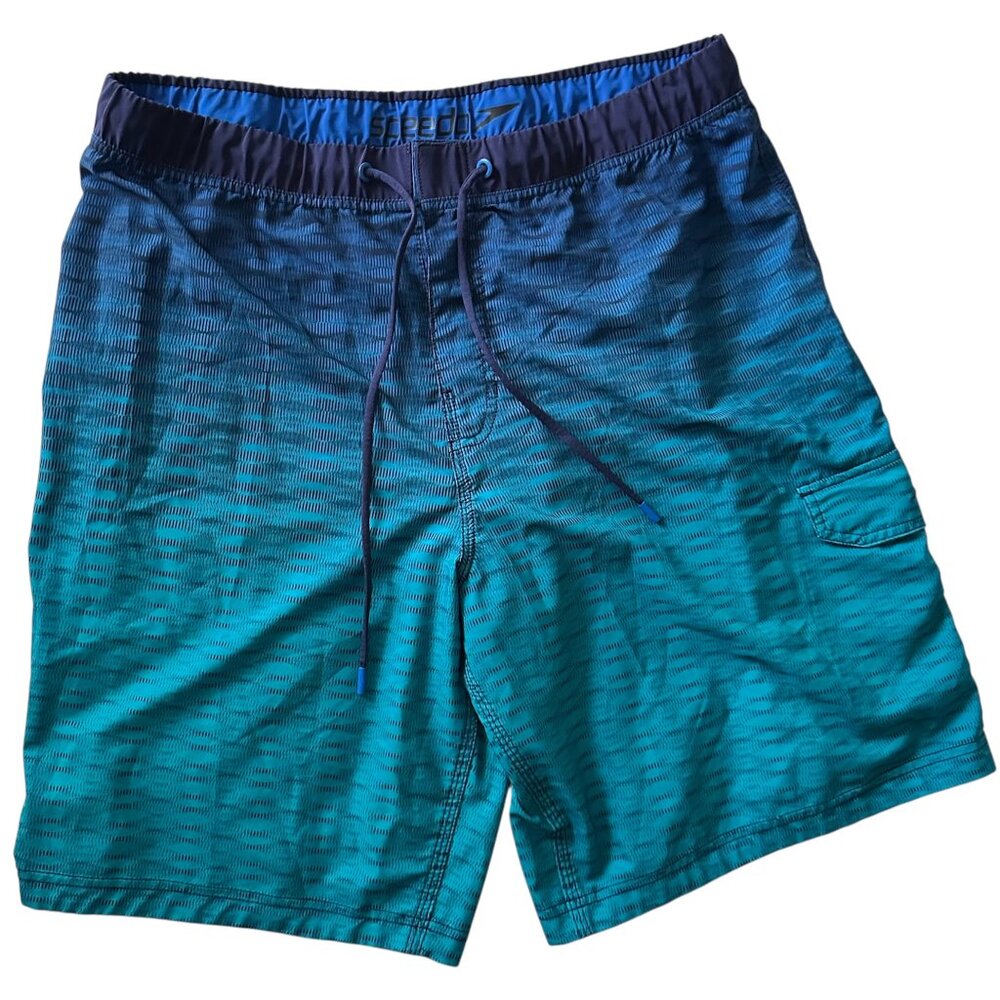 SPEEDO Men's Tie Adjustable Waist Swim Shorts Green/Blue Size 38 / 10" Inseam